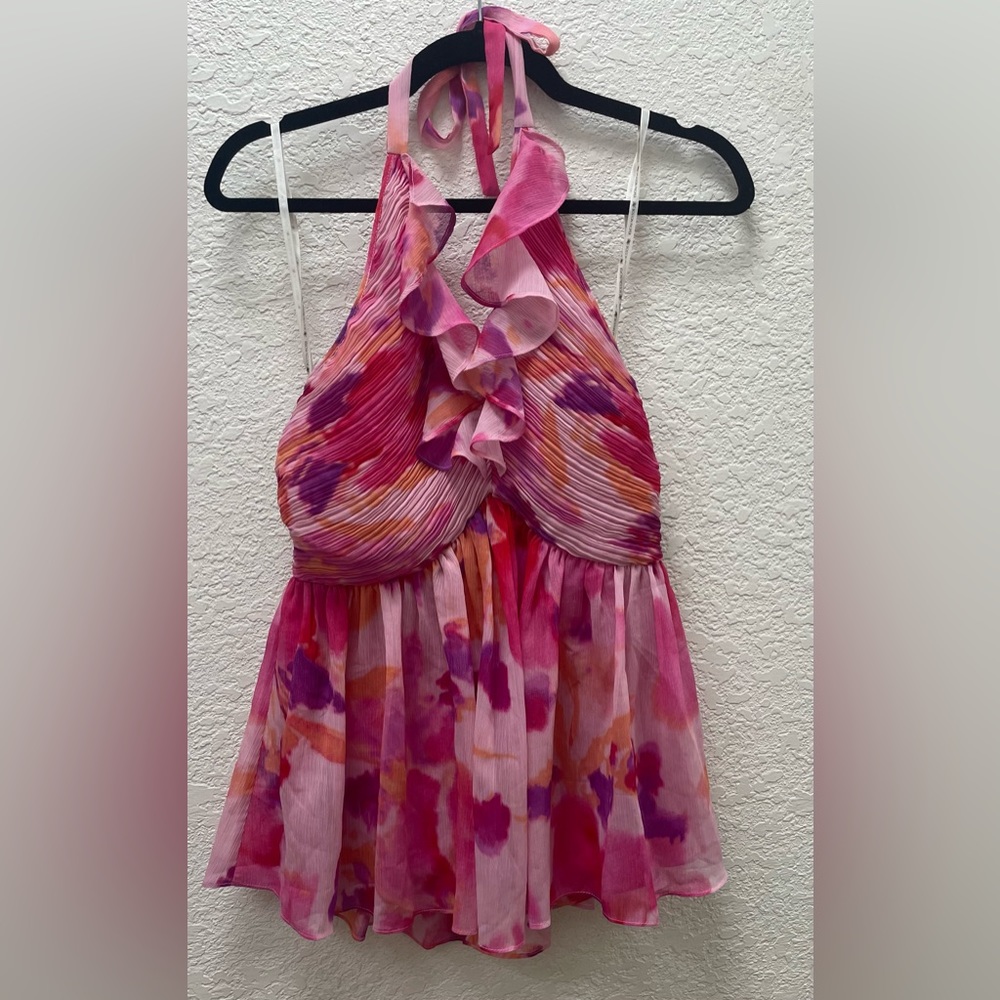 Boston Proper Pink Floral Watercolor Ruffled Halter Top Size 10